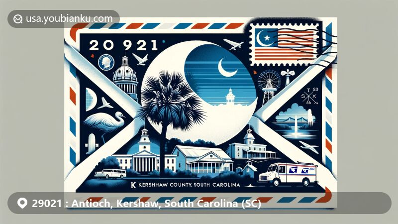 Modern illustration of Antioch, Kershaw County, South Carolina, featuring symbols of the state such as the palmetto tree and crescent from the flag, blending historical landmarks with postal elements like postmark, stamp, mailbox, and van.