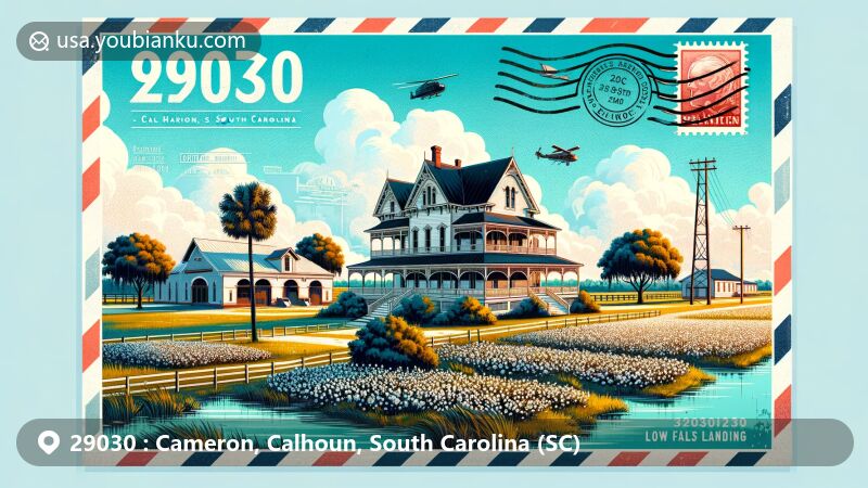 Modern illustration of Cameron, Calhoun, South Carolina, showcasing postal theme with ZIP code 29030, featuring Haigler House, Cameron Depot, and Low Falls Landing.