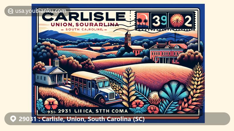 Modern digital illustration of Carlisle, Union County, South Carolina, showcasing postal theme with ZIP code 29031, featuring Hillside and Woodland Plantation, iconic Blue Ridge Mountains silhouette, and South Carolina state symbols.