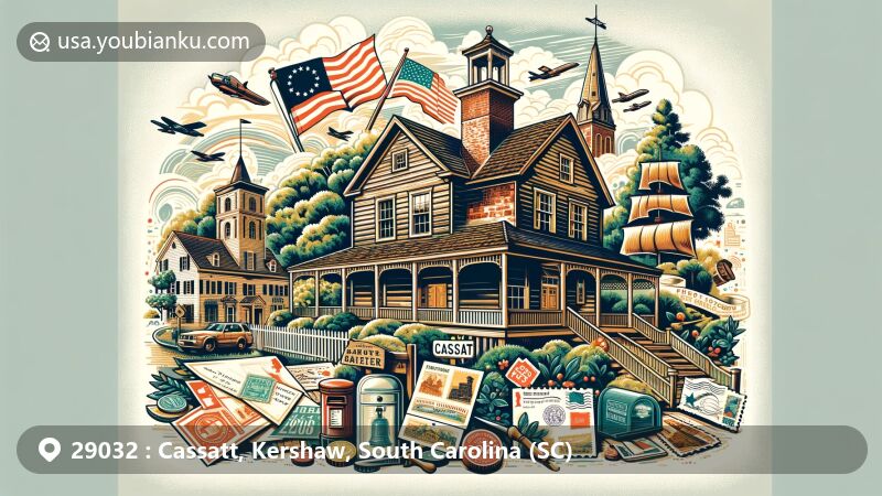 Modern illustration of ZIP Code 29032 area in Cassatt, South Carolina, featuring Benjamin McCoy House and Kershaw-Cornwallis House, with elements from Camden Revolutionary War site. Includes classic postal elements like postcard, stamps, and mailbox.