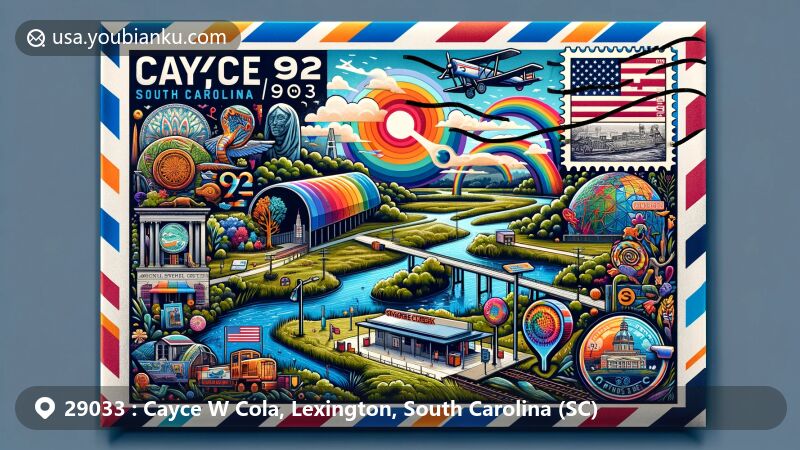 Vibrant illustration of Cayce, South Carolina, highlighting ZIP Code 29033 with a central airmail envelope postcard against a backdrop of the rainbow swamp at Congaree Creek Heritage Preserve, Cayce Historical Museum artifacts, Art Park interactive creations, and symbols of railway and industrial history, all embellished with American and South Carolina state flags.