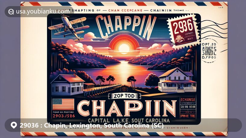 Modern illustration of Chapin, Lexington, South Carolina, with ZIP code 29036, featuring vintage air mail envelope and key elements like Lake Murray, sunset, pine trees, Robinson-Hiller House, and South Carolina state symbols.