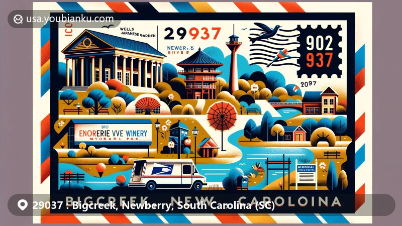 Artistic illustration of Newberry, South Carolina, portraying iconic landmarks like Newberry Opera House, Wells Japanese Garden, Enoree River Winery, Lynch's Woods Park, and historical monument, blended with postal theme featuring stamps, postmarks, ZIP code 29037, mailboxes, and postal vehicles.