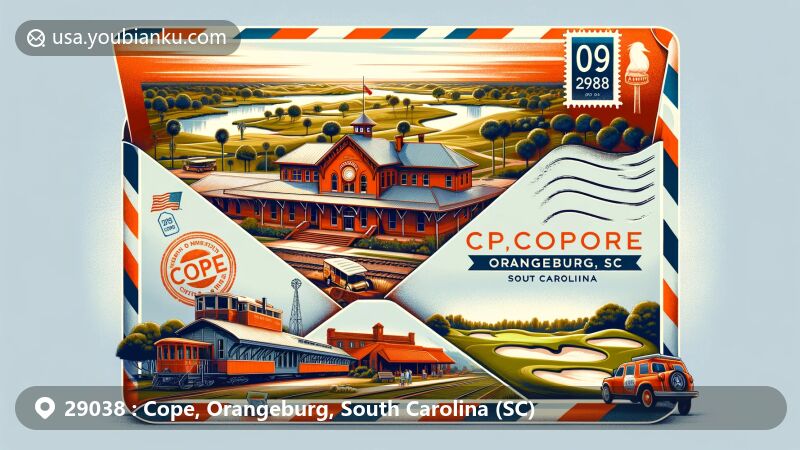 Artistic illustration of Cope, Orangeburg, South Carolina, capturing the essence of the ZIP Code 29038 area with Cope Depot train station, golf courses, barbecue restaurants, and postal elements.