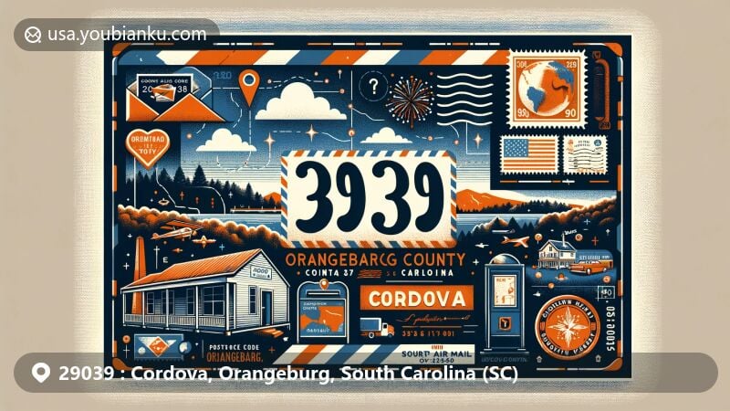 Modern illustration of Cordova, Orangeburg County, South Carolina, featuring ZIP code 29039, showcasing local landmarks and symbols like Appalachian foothills and Fourth of July firework show.