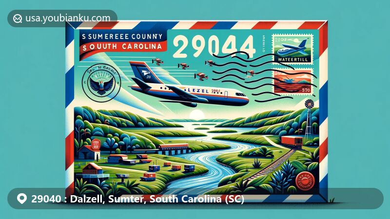 Modern illustration of Dalzell, Sumter County, South Carolina, featuring postal theme with ZIP code 29040, showcasing airmail envelope, stamps, and postmark.