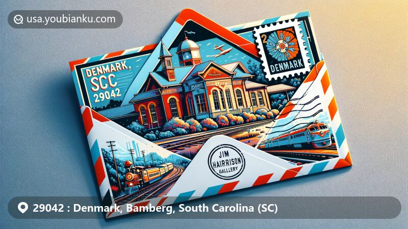 Modern illustration of Denmark, South Carolina, showcasing railway history with Denmark Depot and Jim Harrison Gallery, featuring a vibrant airmail envelope with stamp and postmark 'Denmark, SC 29042'.