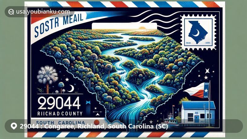 Creative illustration of ZIP Code 29044 in Congaree, Richland County, South Carolina, resembling an airmail envelope with focus on Congaree National Park, including old growth forests, Congaree and Wateree Rivers, and Richland County outline.