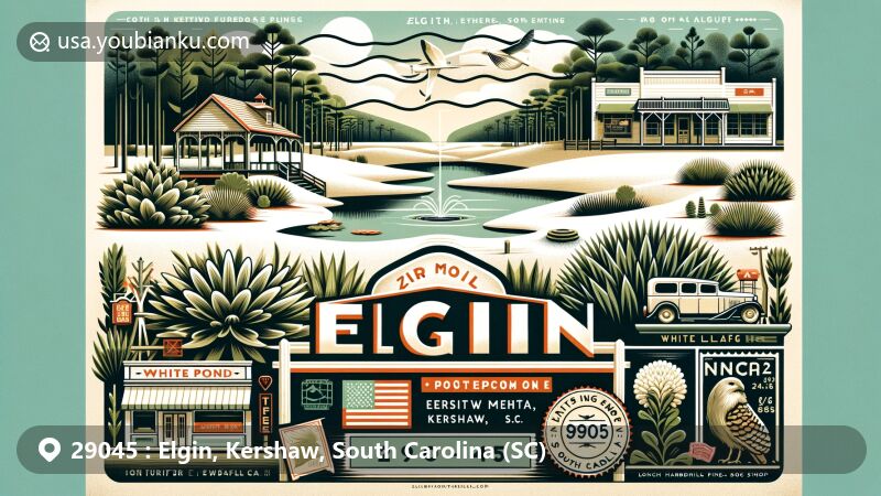 Modern illustration of Elgin, Kershaw, South Carolina, for ZIP code 29045, featuring White Pond, sandhill dune formations, historical town references, longleaf pines, and British Soldier's Lichen.