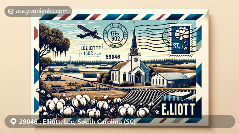 Creative illustration of Elliott, Lee County, South Carolina, shaped as an air mail envelope with ZIP code 29046, featuring St. Luke Methodist Church, cotton fields, and local landscapes.