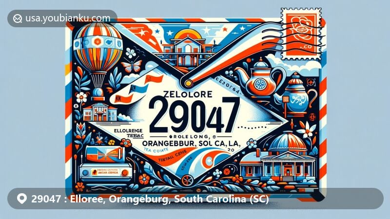 Modern illustration of Elloree, Orangeburg County, South Carolina, depicting ZIP code 29047, featuring airmail envelope with town landmarks like Heritage Museum and Teapot Museum, embellished with South Carolina state symbols.