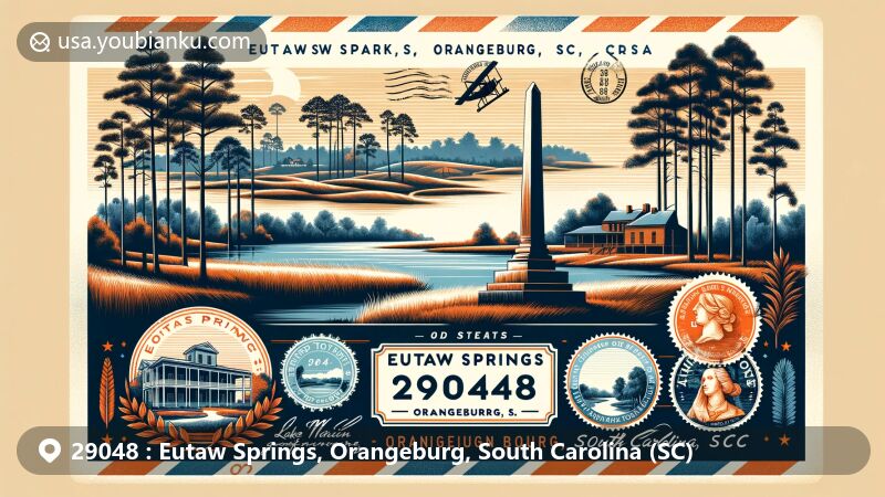 Modern illustration of Eutaw Springs, Orangeburg, South Carolina, showcasing a vintage airmail envelope design with stamps and postmarks, featuring Eutaw Springs Battlefield Park, Lake Marion Golf Course, and Orangeburg Historic District.