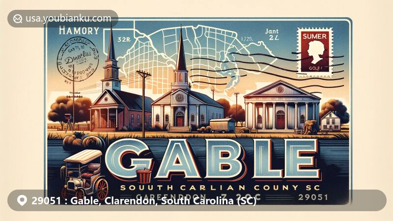 Modern illustration of Gable, Clarendon County, South Carolina (SC), designed as a postcard for ZIP code 29051. Features Dorr Farms representing agriculture, Sumter National Golf Club for recreation, Harmony Presbyterian Church, Concord Presbyterian Church for history. Includes 'Gable, SC 29051' in elegant letters, Clarendon County map outline background, vintage stamp of SC state flag, postal mark with date, old postal car art.