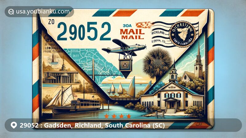 Modern illustration of ZIP code 29052 in Gadsden, Richland, South Carolina, featuring vintage air mail envelope with landmarks and symbols like Gadsden’s Wharf, Old Richland Presbyterian Church, and historical marker.