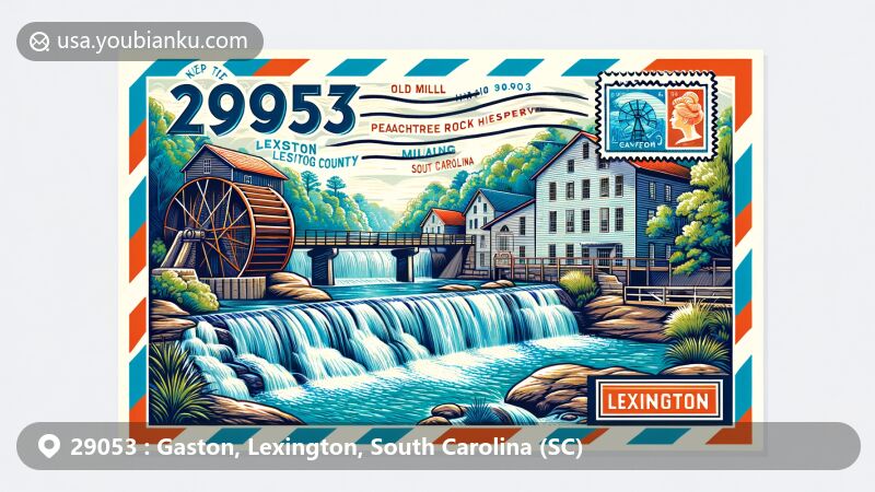 Modern illustration of ZIP code 29053 area, featuring Lexington Old Mill and Peachtree Rock waterfall, designed as a postcard with postal elements like stamps and postmarks.