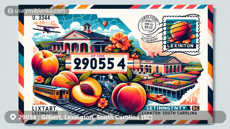 Modern illustration of Gilbert, Lexington County, South Carolina, showcasing ZIP code 29054 with elements like Gilbert Depot and Lexington County Peach Festival.