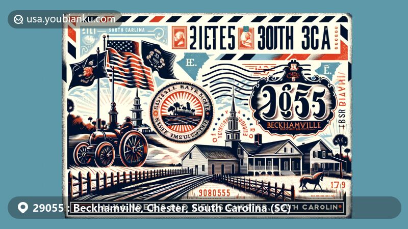 Modern illustration of Beckhamville, Chester, South Carolina, inspired by vintage postcards and airmail envelopes, featuring Alexander's Old Fields Battle Site and the historic Beckhamville Plantation.