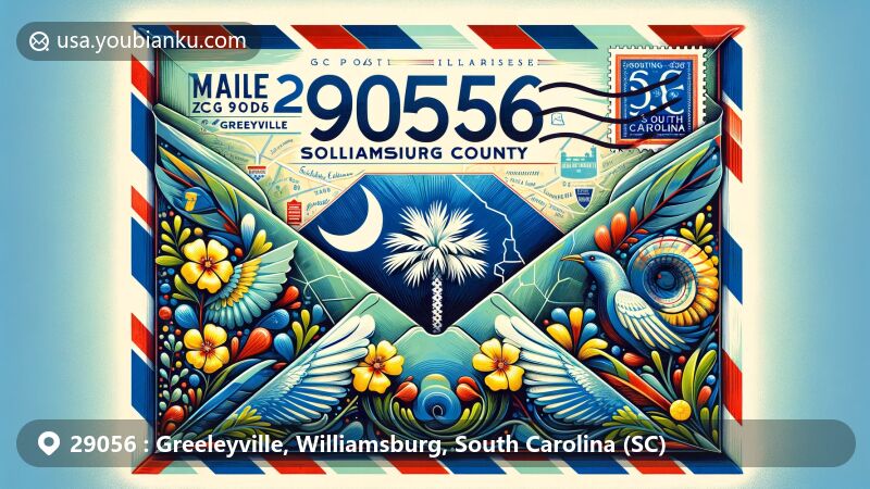 Creative illustration of Greeleyville, Williamsburg County, South Carolina, featuring air mail envelope with ZIP code 29056, showcasing state flag, Carolina wren, yellow jessamine, and Williamsburg County outline.