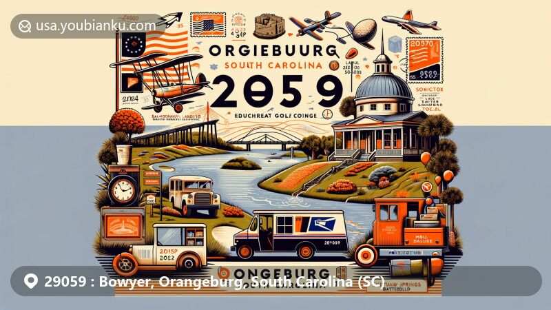 Modern illustration of Bowyer, Orangeburg, South Carolina, featuring iconic landmarks like Edisto Memorial Gardens and Hillcrest Golf Course, with postal elements including postcard, airmail envelope, stamps, postmark, mailbox, and mail truck.