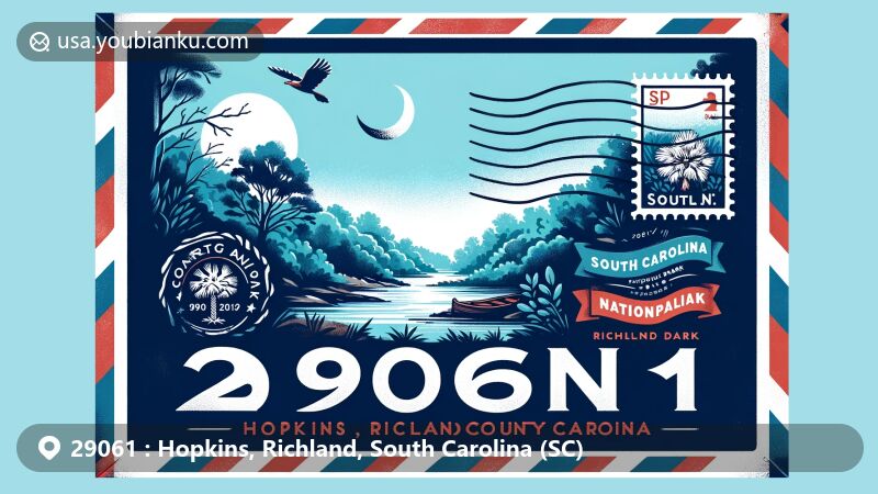 Modern illustration of airmail envelope representing ZIP code 29061 in Hopkins, Richland County, South Carolina, featuring scenic view of Congaree National Park and South Carolina state symbols.
