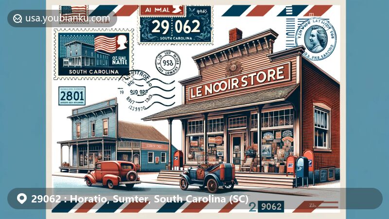 Modern illustration of Horatio, Sumter, South Carolina, highlighting postal theme with ZIP code 29062, showcasing historic Lenoir Store integrated into a postcard design with stamps, postmark, and postal elements.