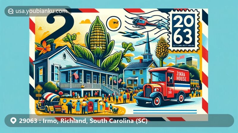 Modern illustration of Irmo, Richland, South Carolina, featuring airmail envelope design with Okra Strut festival, Lindler House, postal elements, and ZIP code 29063.