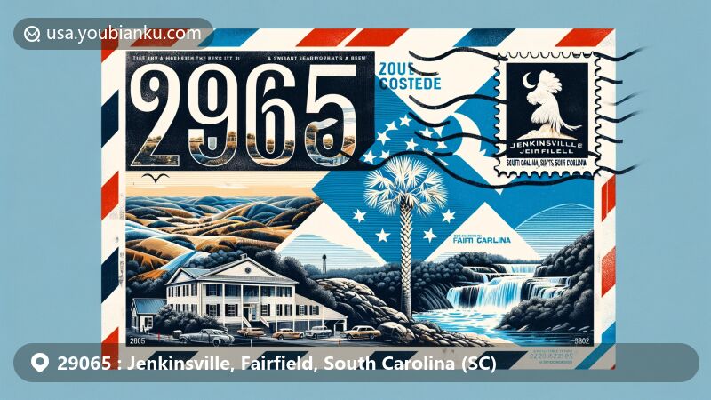 Modern illustration of Jenkinsville, Fairfield County, South Carolina, featuring ZIP Code 29065 on an airmail envelope with local landmarks like Kincaid-Anderson House and Fairfield County's scenic beauty.