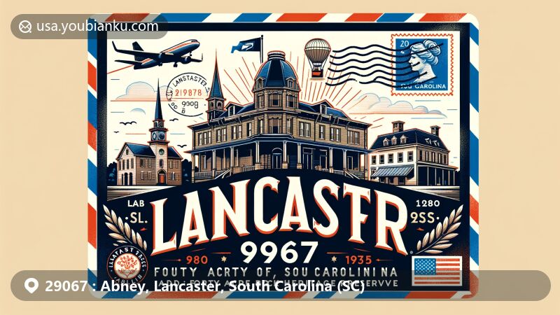 Modern illustration of Abney, Lancaster, South Carolina, showcasing air mail envelope design with ZIP code 29067, featuring historic downtown district, Forty Acre Rock Heritage Preserve, vintage postage stamp with South Carolina flag, postmark, and air mail border.