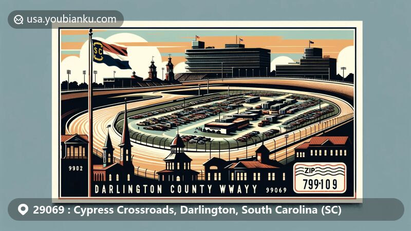 Modern illustration of Darlington Raceway and historical buildings in Darlington County, South Carolina, showcasing ZIP code 29069 with state flag and traditional postmark.