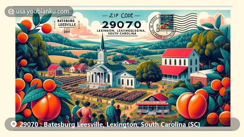 Modern illustration of Batesburg Leesville, Lexington, South Carolina, showcasing area's peach orchards, rolling hills, forests, historic landmarks like Leesville United Methodist Church, Batesburg Graded School, and South Carolina Poultry Festival.