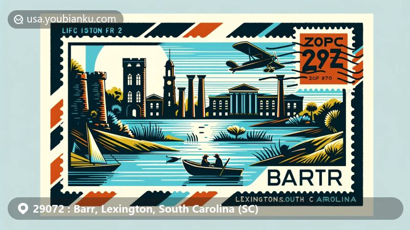 Creative illustration of Barr, Lexington, South Carolina, representing ZIP code 29072 with postcard and air mail envelope design, featuring Barr Lake, Old Saluda Factory ruins, and Lexington County Courthouse silhouette.
