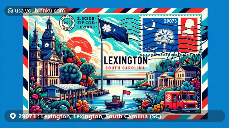 Illustration of Lexington, Lexington County, South Carolina, emphasizing historical roots in Saxe Gotha, showcasing Lake Murray Dam, South Carolina state flag with palmetto tree, ZIP Code 29073, stamps, postmarks, mailbox, and mail truck.