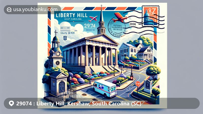 Modern illustration of Liberty Hill, Kershaw County, South Carolina, showcasing the ZIP code 29074, featuring Liberty Hill Historic District's Greek Revival architecture and the Presbyterian Church.