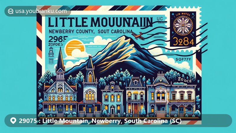 Modern illustration of Little Mountain, Newberry County, South Carolina, featuring airmail envelope with postage stamp design, showcasing highest point in the Midlands region with scenic beauty and architectural diversity of the Historic District.
