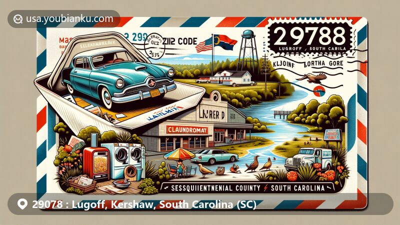 Modern illustration of Lugoff, Kershaw County, South Carolina, featuring vintage airmail envelope with ZIP code 29078, showcasing key landmarks like Boykin's Garage, the Wateree River, Sesquicentennial State Park activities, Kershaw County Farmers Market, South Carolina state flag, and local map outline.