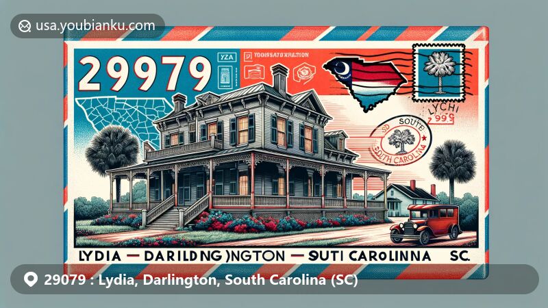 Modern illustration of Lydia, Darlington, South Carolina, showcasing postal theme with ZIP code 29079, featuring Lydia Plantation house, South Carolina state flag, and Darlington County map.