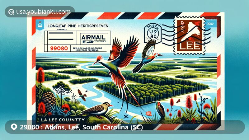 Illustration of Lee County and Atkins, South Carolina, with airmail envelope showcasing postal theme and ZIP Code 29080, featuring Longleaf Pine Heritage Preserve, Red-cockaded Woodpeckers, and bird species.