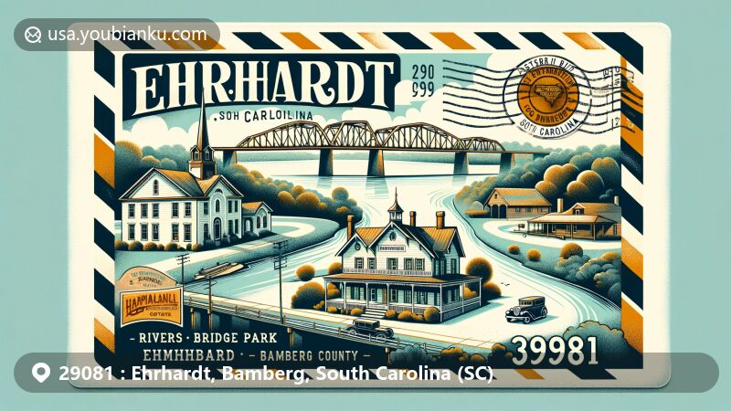 Vintage-style illustration of Ehrhardt, Bamberg County, South Carolina, portraying ZIP code 29081 with Rivers Bridge State Park and Copeland House.