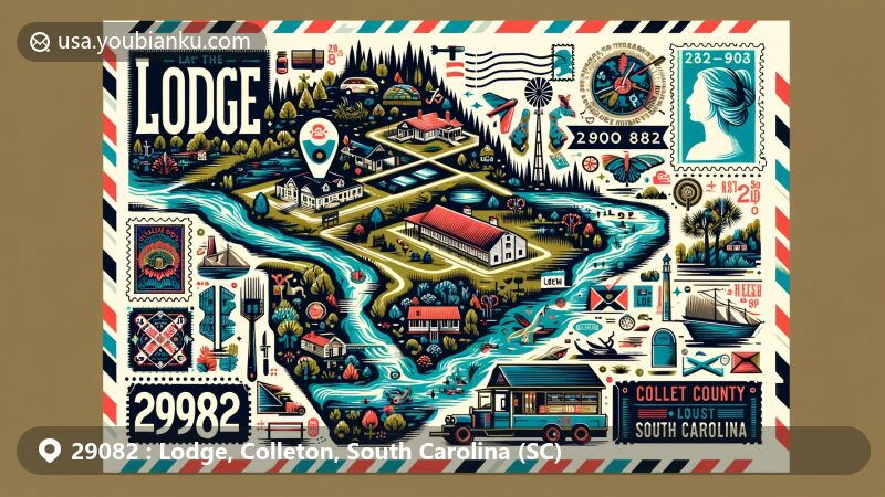 Modern illustration of Lodge, Colleton County, South Carolina, showcasing postal theme with ZIP code 29082, featuring county's natural features and historical landmarks.