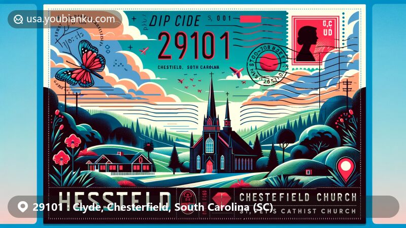 Modern illustration of Clyde, Chesterfield County, South Carolina, showcasing postal theme with ZIP code 29101, featuring St. Peter's Catholic Church and Ruby Baptist Church silhouettes, intertwined with elements of South Carolina culture.