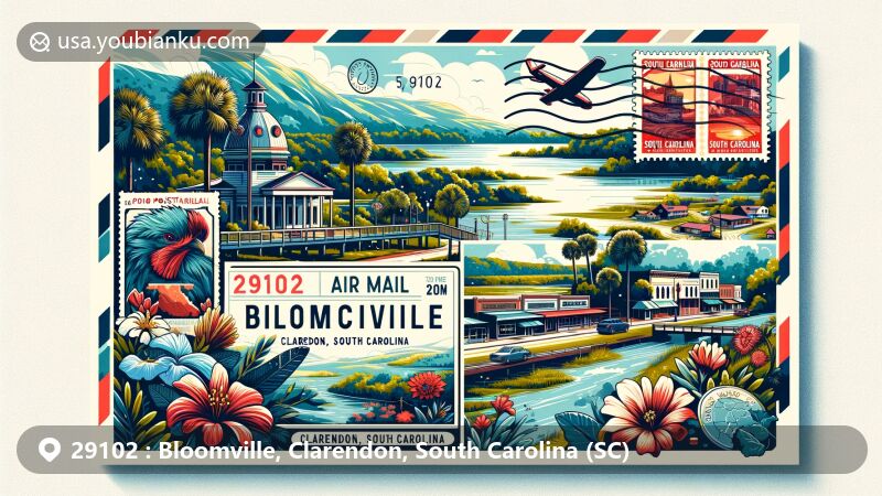Modern illustration of Bloomville, Clarendon County, South Carolina, featuring postal theme with ZIP code 29102, showcasing local landmarks, including Lake Marion and Southern charm.