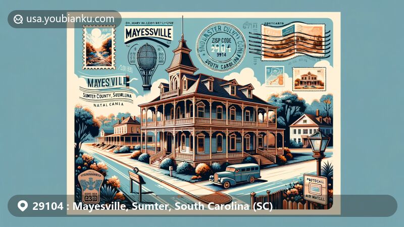 Modern illustration of Mayesville, Sumter County, South Carolina, with ZIP code 29104, showcasing postcard design featuring historic architecture styles and Dr. Mary McLeod Bethune Nature Trail.