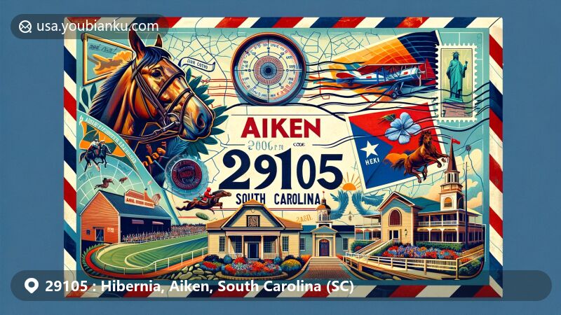 Modern illustration of Aiken, South Carolina, ZIP code 29105, featuring vintage airmail envelope highlighting postal theme and local landmarks like Aiken County Historical Museum, Aiken Training Track, and St. Mary Help of Christians Church.