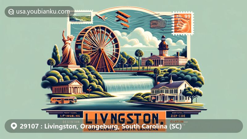 Modern illustration of Livingston, Orangeburg, South Carolina, with ZIP code 29107, featuring Edisto Memorial Gardens, Claflin University, and postal elements like postcard shape and stamps.