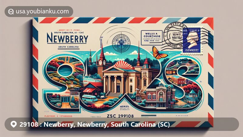 Modern illustration of Newberry, South Carolina (ZIP code 29108), in the style of an airmail envelope, showcasing landmarks like the Opera House and Japanese Garden, with postal elements and vibrant colors.