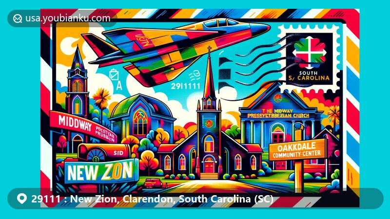 Contemporary illustration of New Zion, South Carolina, resembling an airmail postcard, highlighting Midway Presbyterian Church and Oakdale Community Center, with the South Carolina state flag in the background.