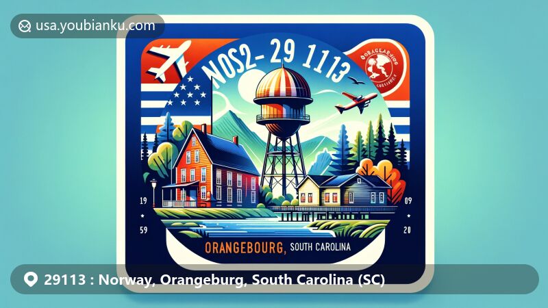Modern illustration of Norway, Orangeburg County, South Carolina, showcasing postal theme with ZIP code 29113, featuring airmail envelope with postcard displaying a water tower and nature, surrounded by Orangeburg County outline and South Carolina state flag elements.