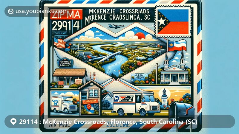 Modern illustration of McKenzie Crossroads, Florence County, South Carolina, showcasing postal theme with ZIP code 29114, featuring local landmarks, culture, and South Carolina state flag design.