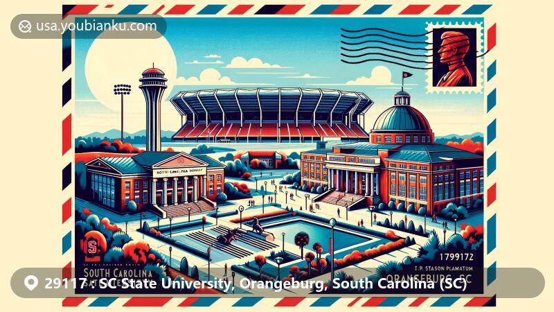 Modern illustration of South Carolina State University, showcasing iconic buildings and I.P. Stanback Museum and Planetarium, with Oliver C. Dawson Stadium in the background.