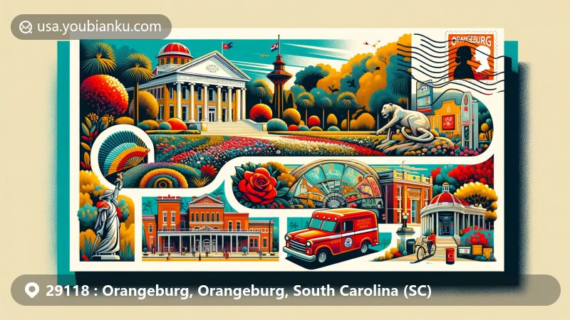 Modern illustration of ZIP code 29118 in Orangeburg, South Carolina, featuring iconic elements like Edisto Memorial Gardens, SC State University Art Gallery, Orangeburg County Courthouse, and Festival of Roses.